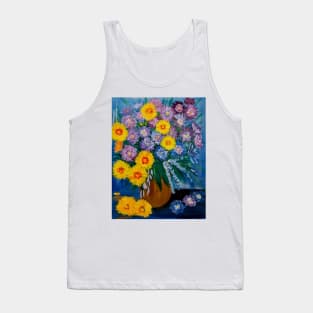 A beautiful bouquet flowers in a glass and gold vase . Using my favorite colors as vibrant background Using Acrylic and metallic paints. Tank Top